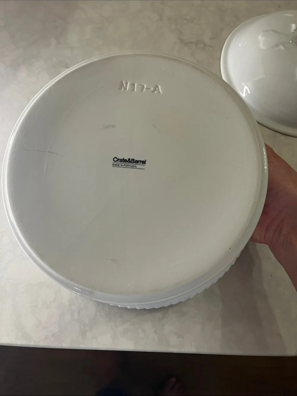 Crate & Barrel Porcelain  A-1-7 Casserole From Portugal 10” diameter 4” deep
